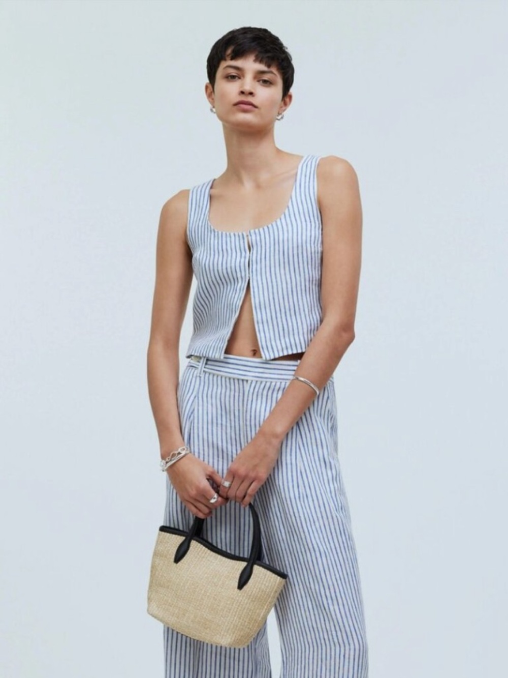 Madewell Striped Square-Neck Cropped Tank Top - White/Blue